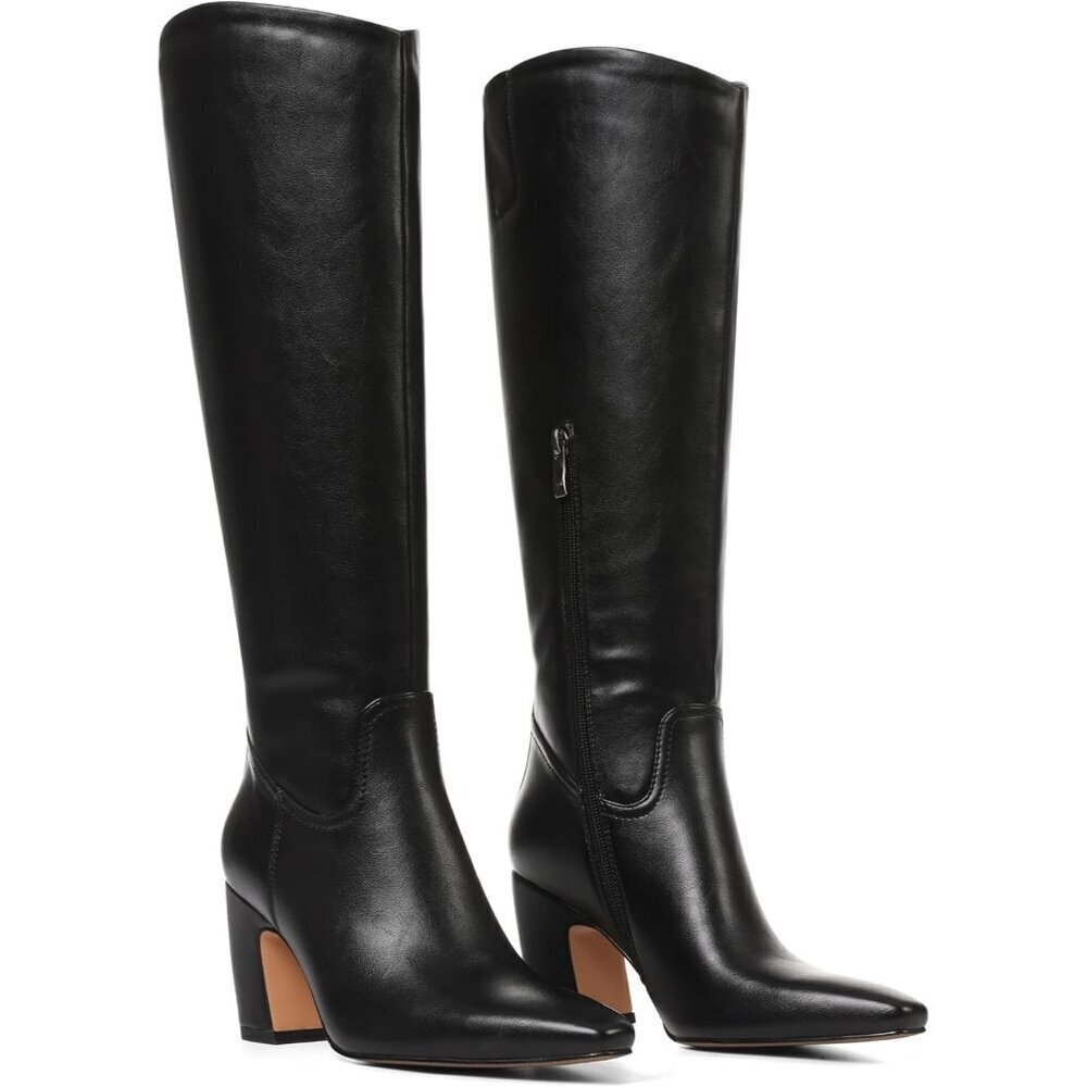 Womens Knee High Black Boots Square Toe Chunky Heel Wide Calf Tall Zipper Boots